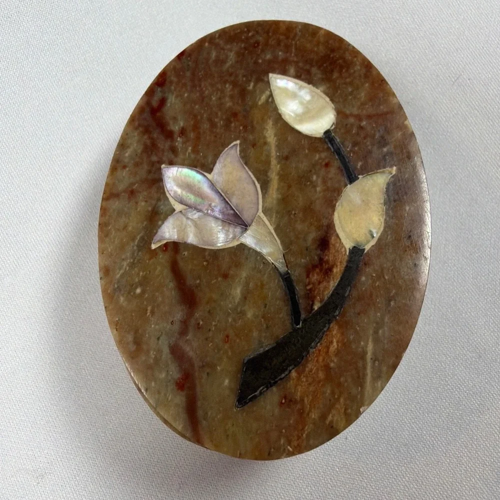 Vintage Hand Carved Soapstone Trinket Box‎ with Floral Inlay – Made in IndiaBoho